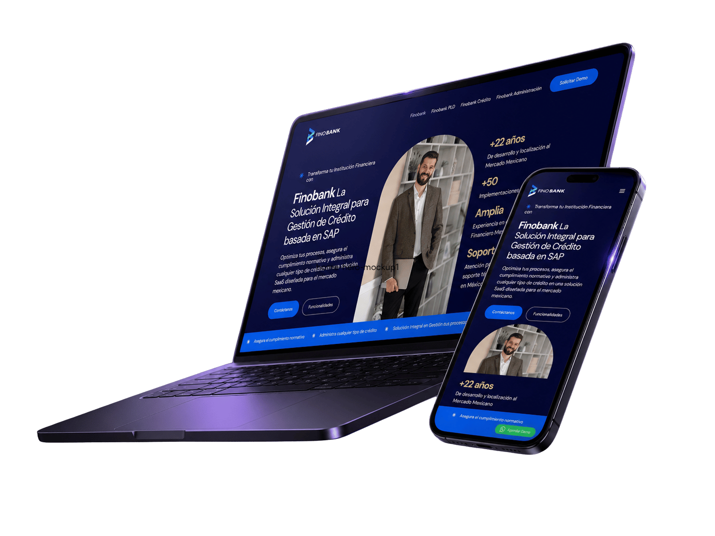 MUX Studio — mockup de proyecto en laptop y móvil con interfaz dark y acento morado